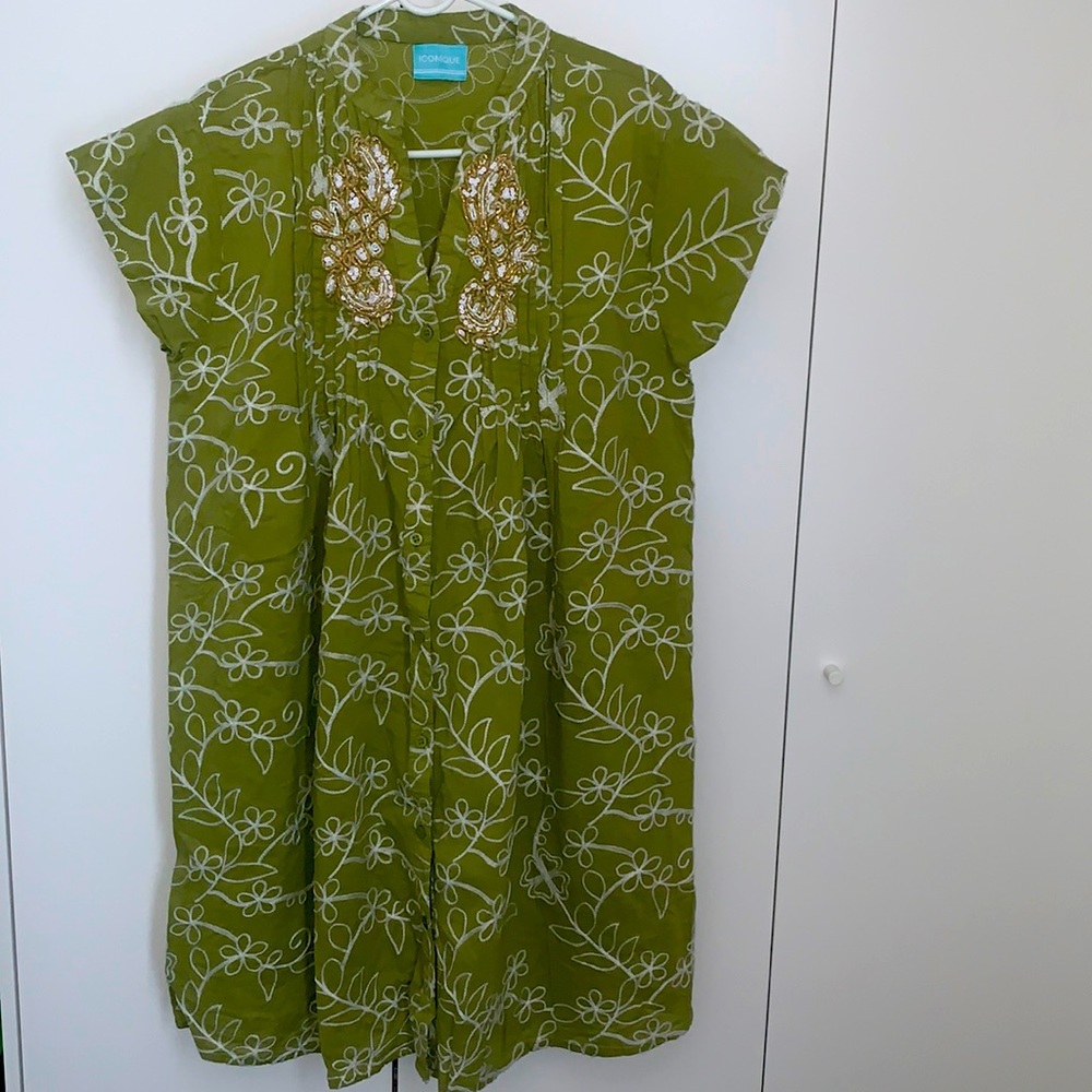 XL size women cotton front button dress with embroidery work